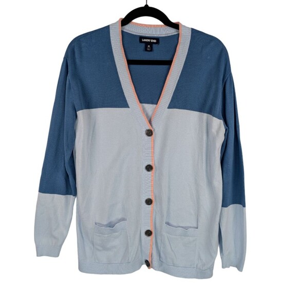 Lands End Cardigan Sweater Womens M Blue Colorblock Button Down Cotton V Neck - Picture 1 of 9
